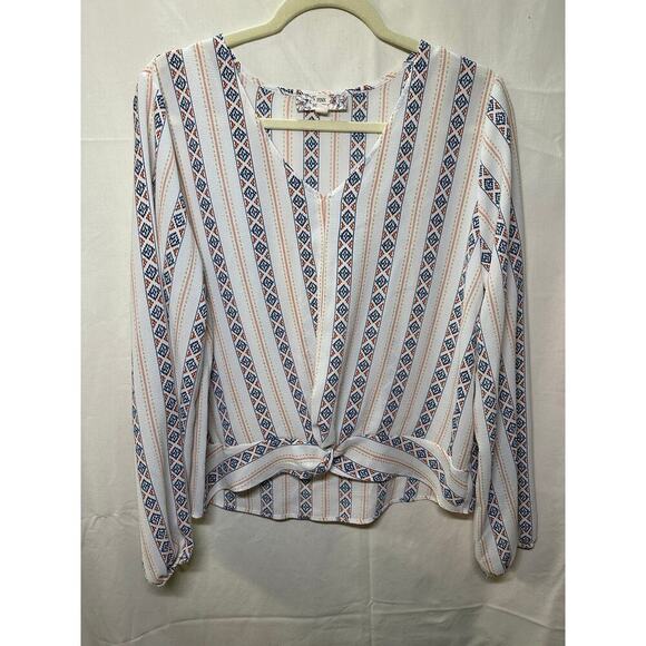 Pink Republic Ivory Boho Striped Blouse with Front Knot - Size Large - Picture 1 of 4